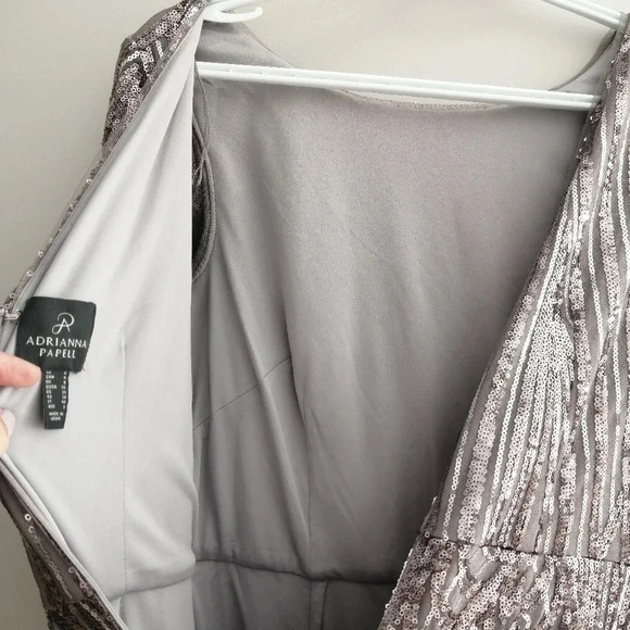 Adrianna Papell Silver Sequin Mesh Mermaid Long Sleeve Maxi Party Formal Dress 4 - Picture 13 of 17